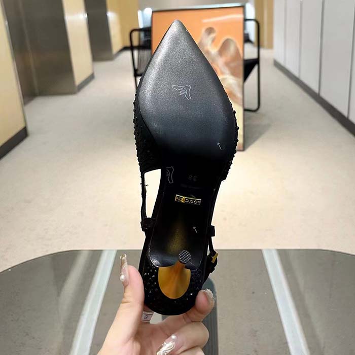 Gucci Women Slingback Pump Crystals Black Silk Satin Pointed Toe Metallic High Heel