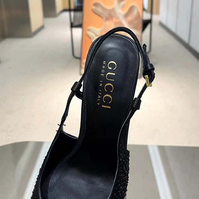 Gucci Women Slingback Pump Crystals Black Silk Satin Pointed Toe Metallic High Heel