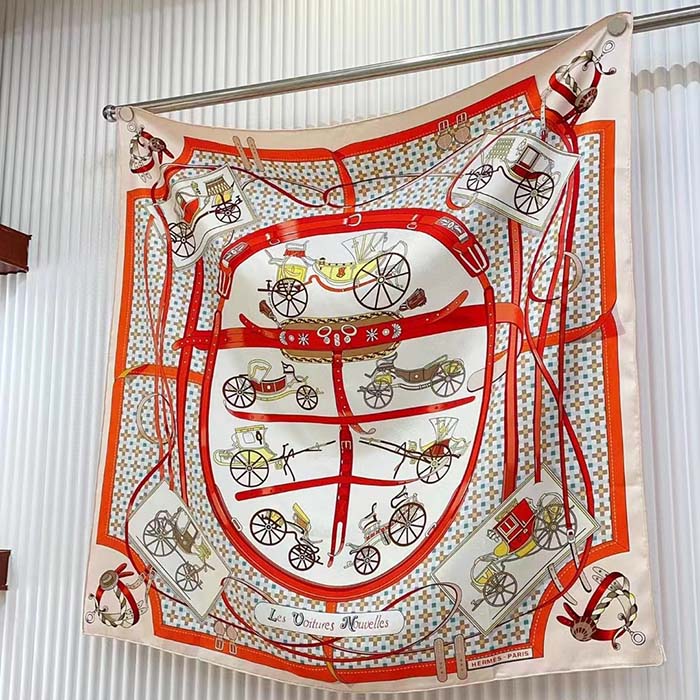 Hermes Women Les Voitures Nouvelles Scarf 70 Silk Beige Multicolore