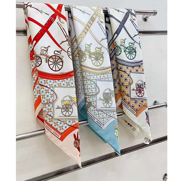 Hermes Women Les Voitures Nouvelles Scarf 70 Silk Beige Multicolore