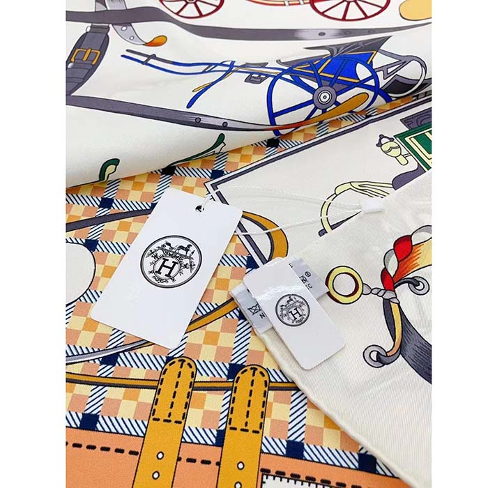 Hermes Women Les Voitures Nouvelles Scarf 70 Silk Brown Multicolore