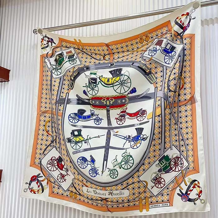 Hermes Women Les Voitures Nouvelles Scarf 70 Silk Brown Multicolore