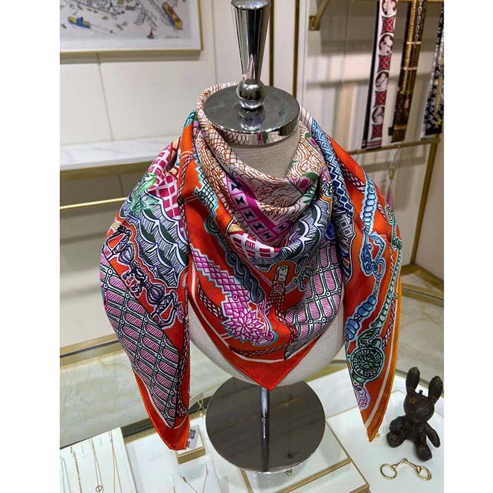 Hermes Women Super Silk Quest Detail Scarf 45 Orange Twill