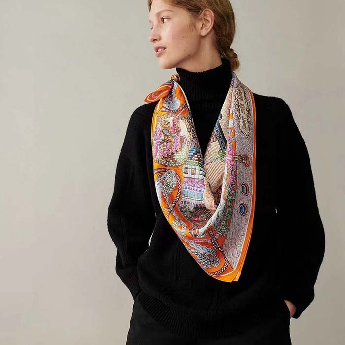 Hermes Women Super Silk Quest Detail Scarf 45 Orange Twill