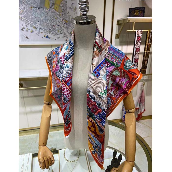 Hermes Women Super Silk Quest Detail Scarf 45 Orange Twill