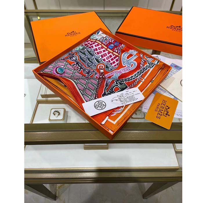 Hermes Women Super Silk Quest Detail Scarf 45 Orange Twill