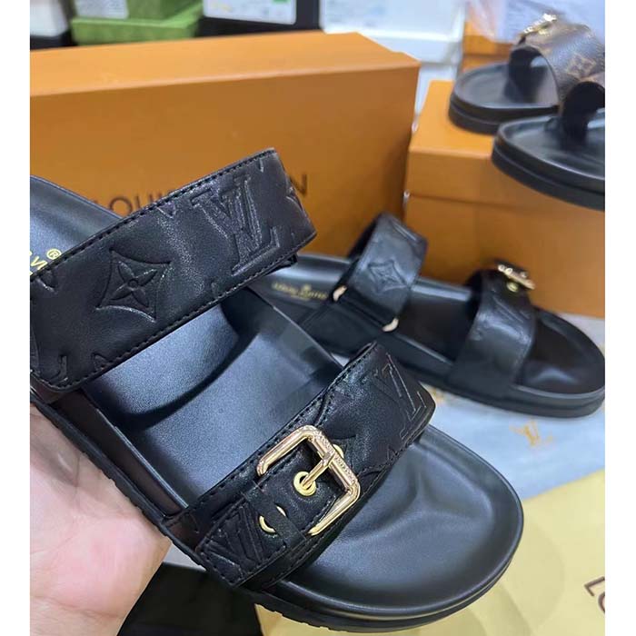 Louis Vuitton Unisex LV Bom Dia Flat Comfort Mule Black Monogram Lamb Leather 1ABVNC
