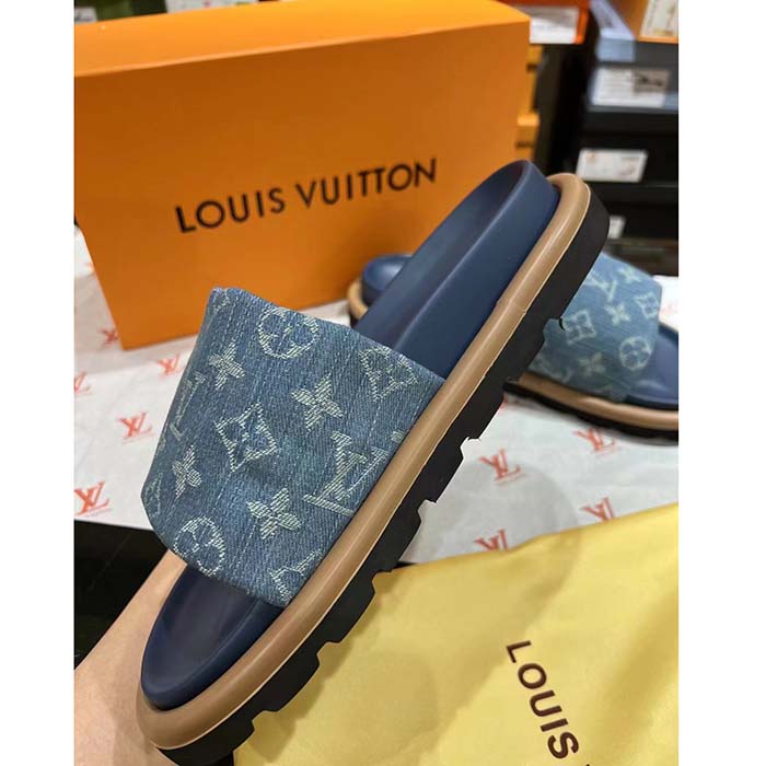 Louis Vuitton Unisex LV Pool Pillow Flat Comfort Mule Blue Monogram Denim 1ACJVH