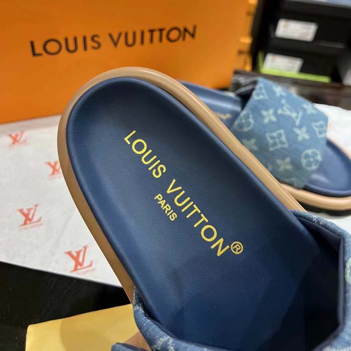 Louis Vuitton Unisex LV Pool Pillow Flat Comfort Mule Blue Monogram Denim 1ACJVH
