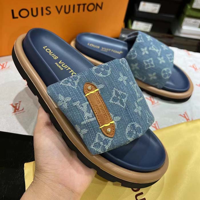 Louis Vuitton Unisex LV Pool Pillow Flat Comfort Mule Blue Monogram Denim 1ACJVH