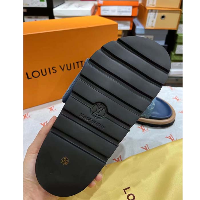 Louis Vuitton Unisex LV Pool Pillow Flat Comfort Mule Blue Monogram Denim 1ACJVH
