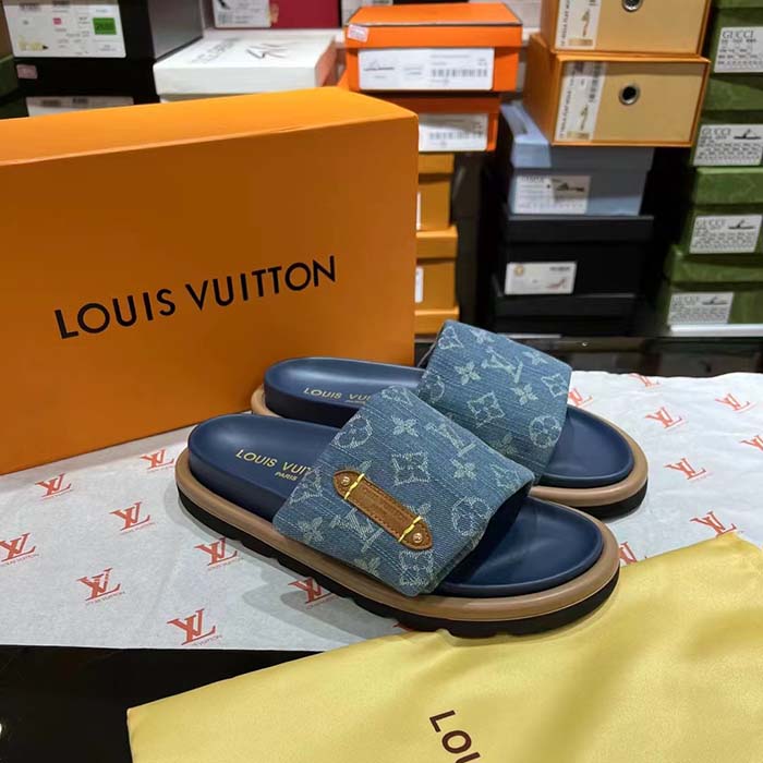 Louis Vuitton Unisex LV Pool Pillow Flat Comfort Mule Blue Monogram Denim 1ACJVH
