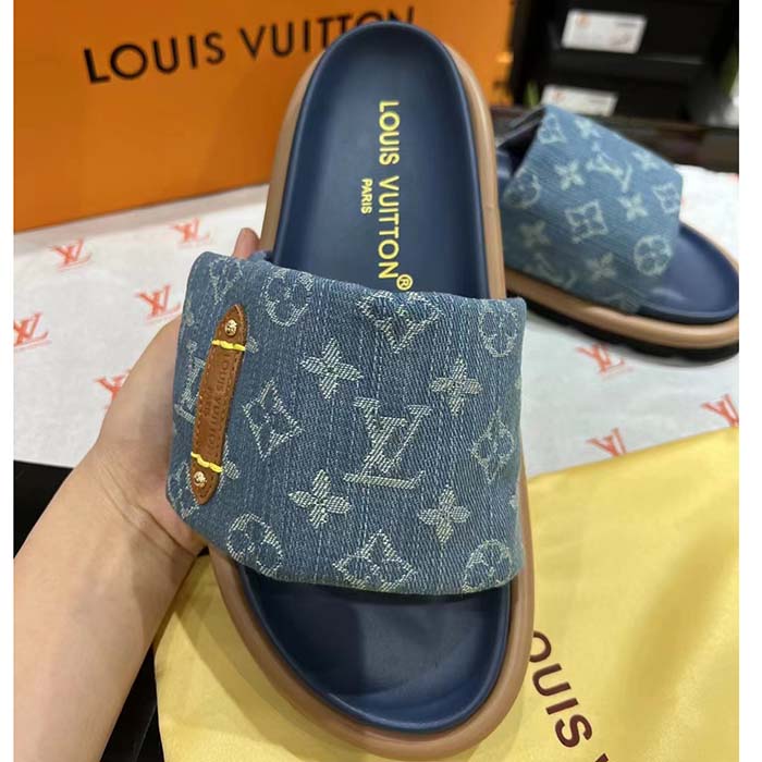 Louis Vuitton Unisex LV Pool Pillow Flat Comfort Mule Blue Monogram Denim 1ACJVH