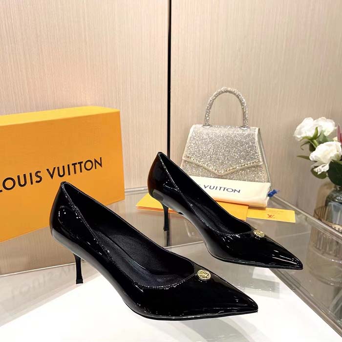 Louis Vuitton Women LV Blossom Pump Black Patent Lambskin Leather Outsole 7.5 CM Heel