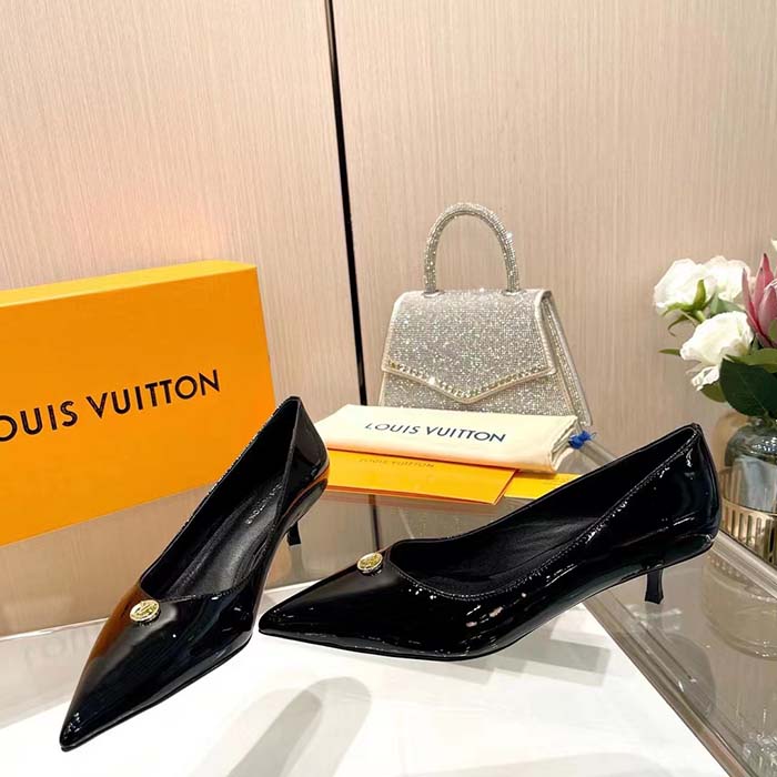 Louis Vuitton Women LV Blossom Pump Black Patent Lambskin Leather Outsole Low Heel