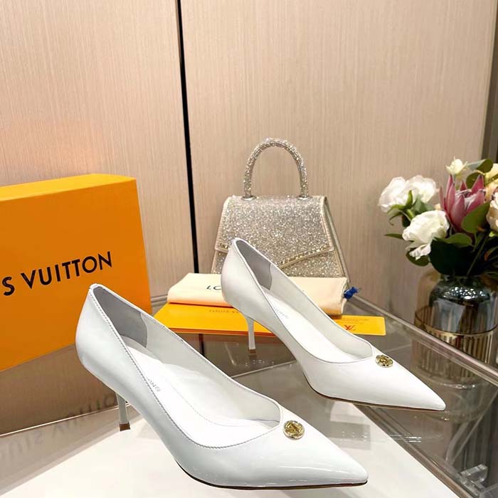 Louis Vuitton Women LV Blossom Pump White Patent Lambskin Leather Outsole 7.5 CM Heel