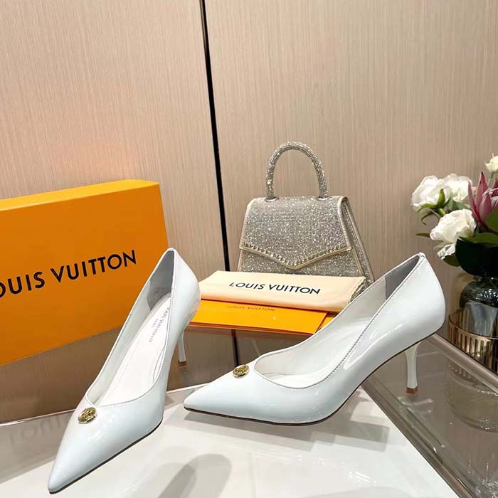 Louis Vuitton Women LV Blossom Pump White Patent Lambskin Leather Outsole 7.5 CM Heel