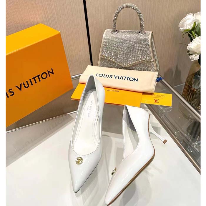 Louis Vuitton Women LV Blossom Pump White Patent Lambskin Leather Outsole 7.5 CM Heel