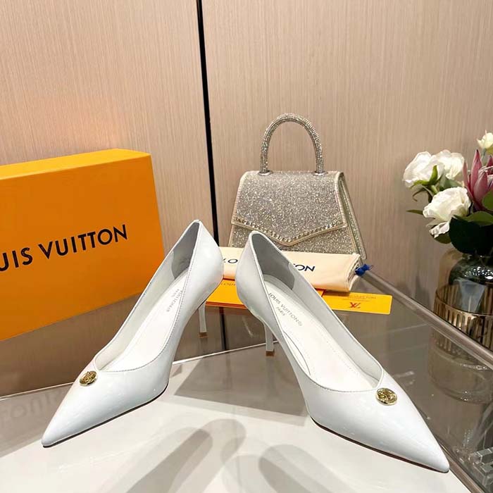 Louis Vuitton Women LV Blossom Pump White Patent Lambskin Leather Outsole 7.5 CM Heel