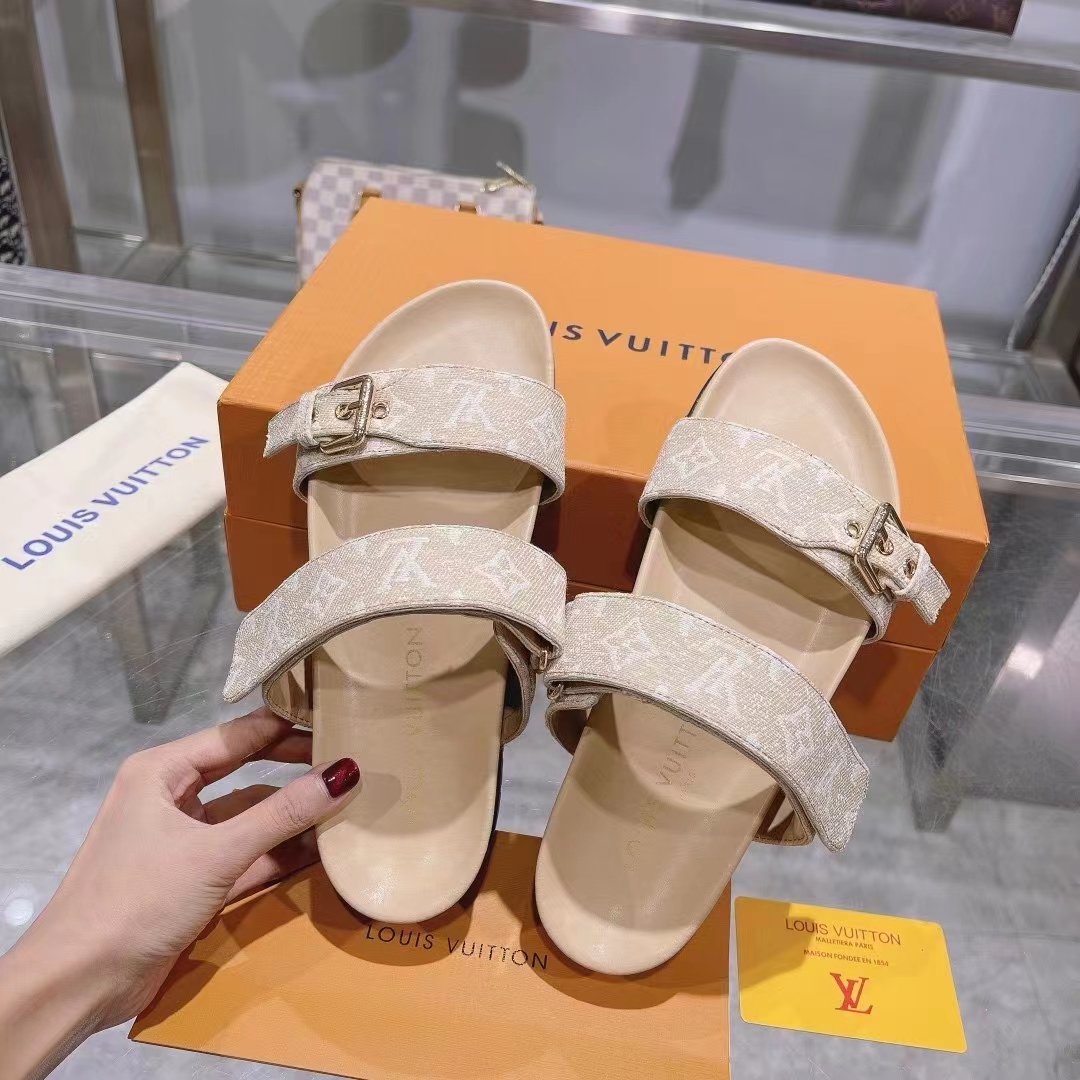 Louis Vuitton Women LV Bom Dia Flat Comfort Mule Beige Patent Monogram Canvas 1ACHYI