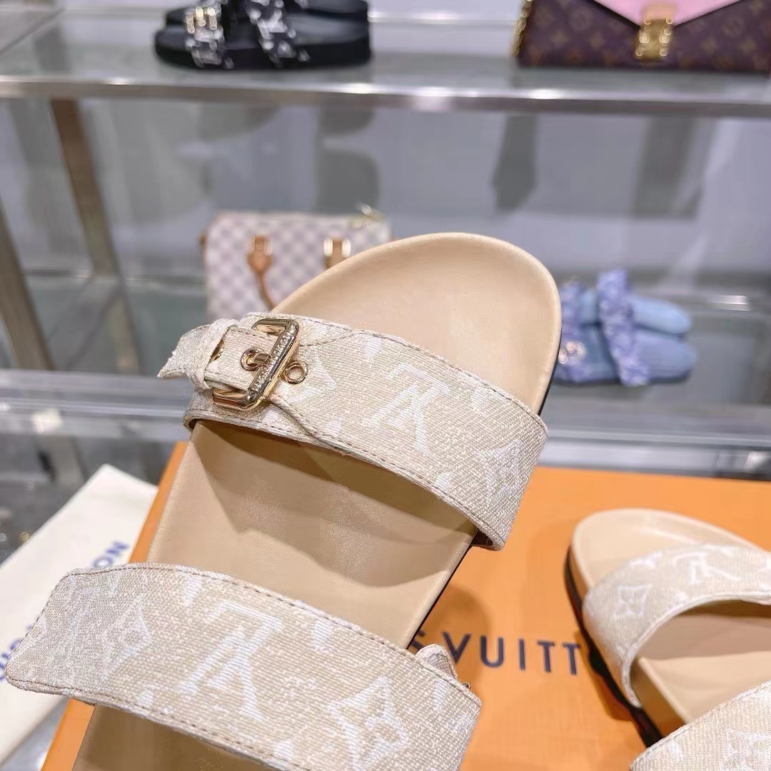 Louis Vuitton Women LV Bom Dia Flat Comfort Mule Beige Patent Monogram Canvas 1ACHYI