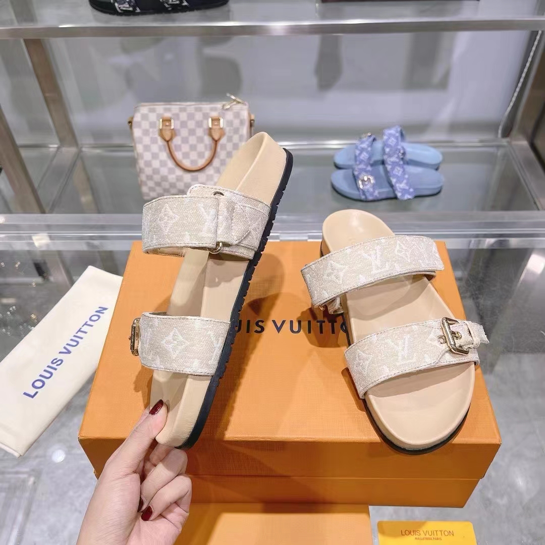 Louis Vuitton Women LV Bom Dia Flat Comfort Mule Beige Patent Monogram Canvas 1ACHYI