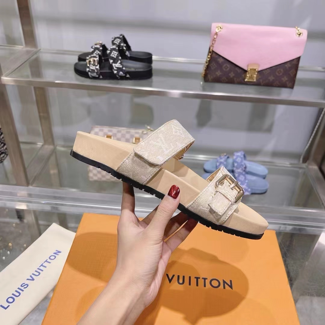 Louis Vuitton Women LV Bom Dia Flat Comfort Mule Beige Patent Monogram Canvas 1ACHYI