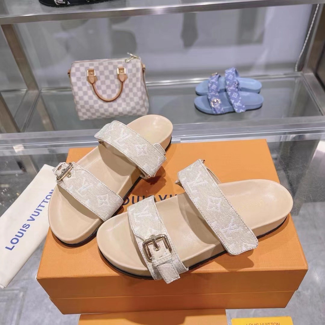 Louis Vuitton Women LV Bom Dia Flat Comfort Mule Beige Patent Monogram Canvas 1ACHYI
