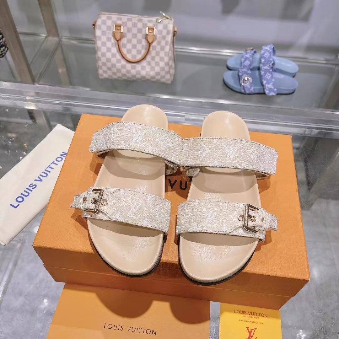 Louis Vuitton Women LV Bom Dia Flat Comfort Mule Beige Patent Monogram Canvas 1ACHYI
