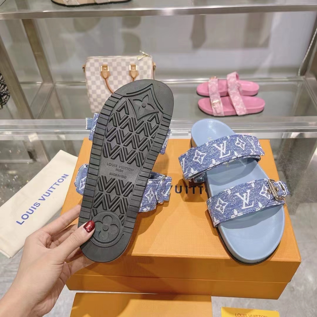 Louis Vuitton Women LV Bom Dia Flat Comfort Mule Blue Monogram Denim 1AC9QL