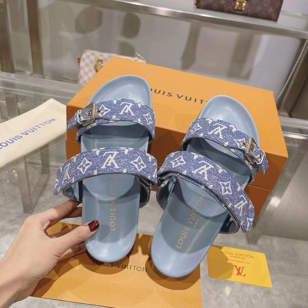 Louis Vuitton Women LV Bom Dia Flat Comfort Mule Blue Monogram Denim 1AC9QL