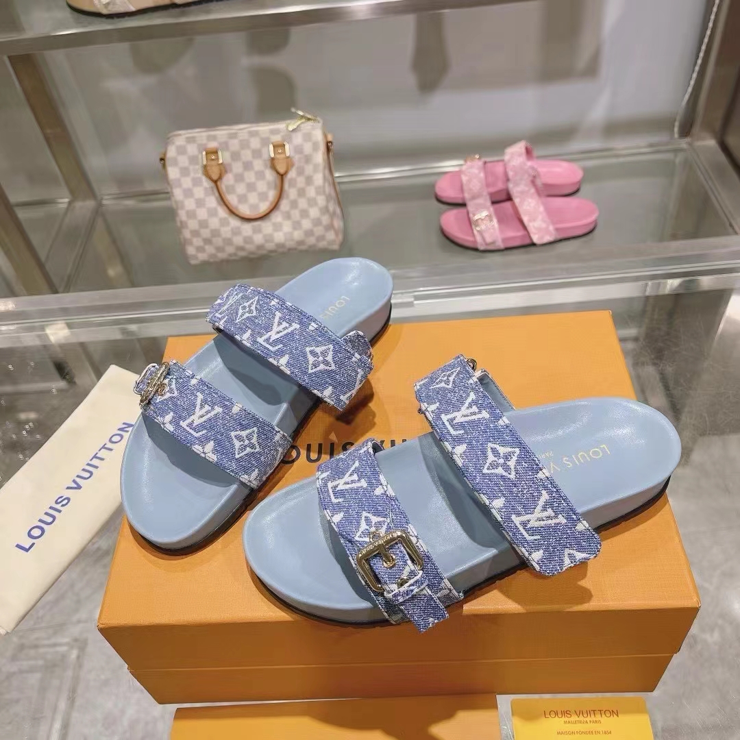 Louis Vuitton Women LV Bom Dia Flat Comfort Mule Blue Monogram Denim 1AC9QL