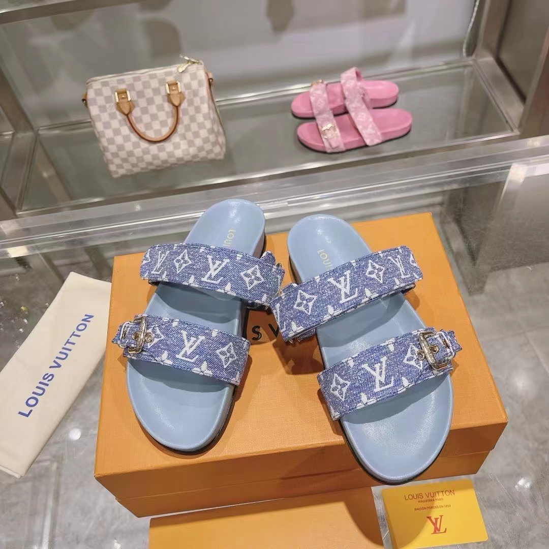Louis Vuitton Women LV Bom Dia Flat Comfort Mule Blue Monogram Denim 1AC9QL