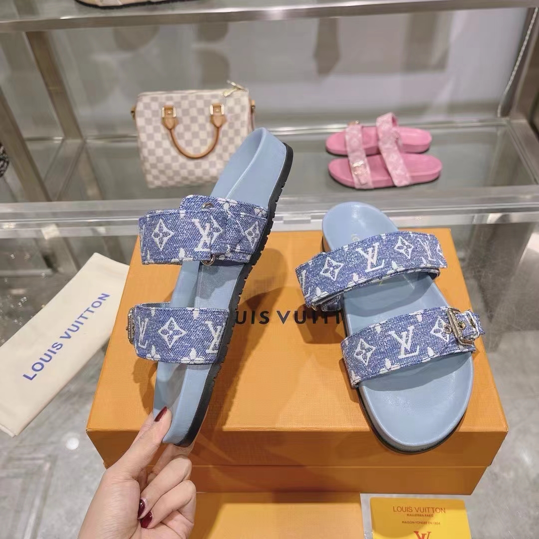 Louis Vuitton Women LV Bom Dia Flat Comfort Mule Blue Monogram Denim 1AC9QL