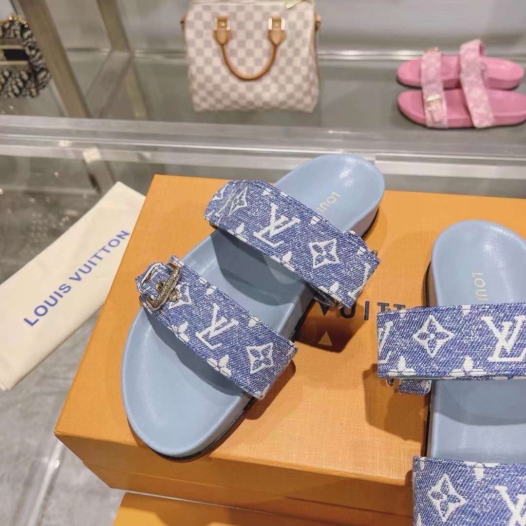 Louis Vuitton Women LV Bom Dia Flat Comfort Mule Blue Monogram Denim 1AC9QL