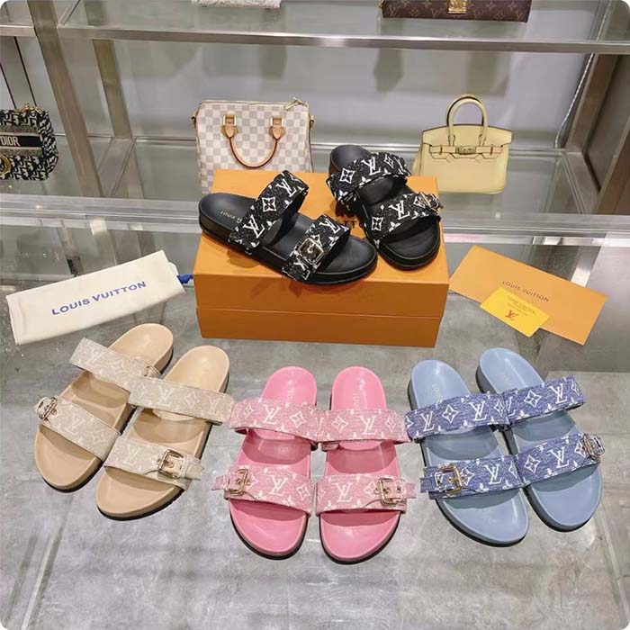 Louis Vuitton Women LV Bom Dia Flat Comfort Mule Blue Monogram Denim 1AC9QL