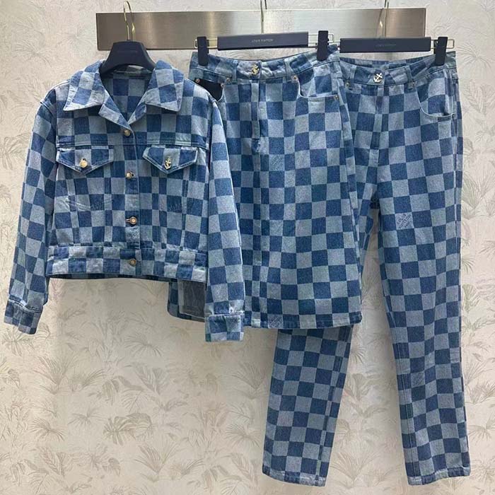 Louis Vuitton Women LV Damier Denim Jacket Cotton Blue Regular Fit 1AFGDH
