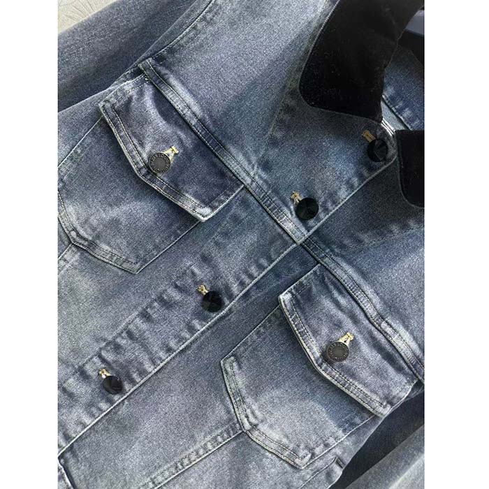 Louis Vuitton Women LV Velvet Accent Denim Jacket Cotton Blue Regular Fit 1AFEPJ
