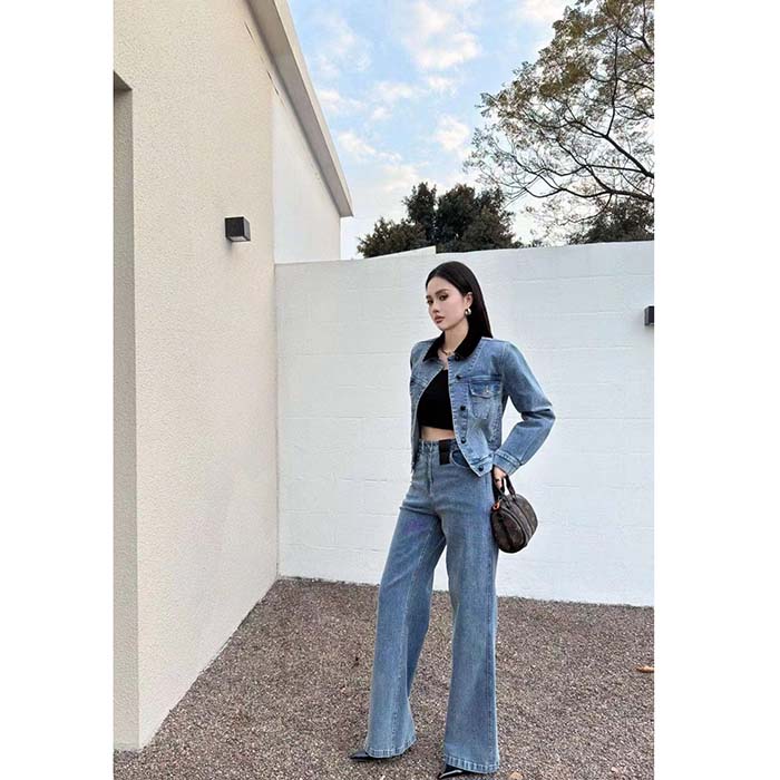 Louis Vuitton Women LV Velvet Accent Denim Jacket Cotton Blue Regular Fit 1AFEPJ