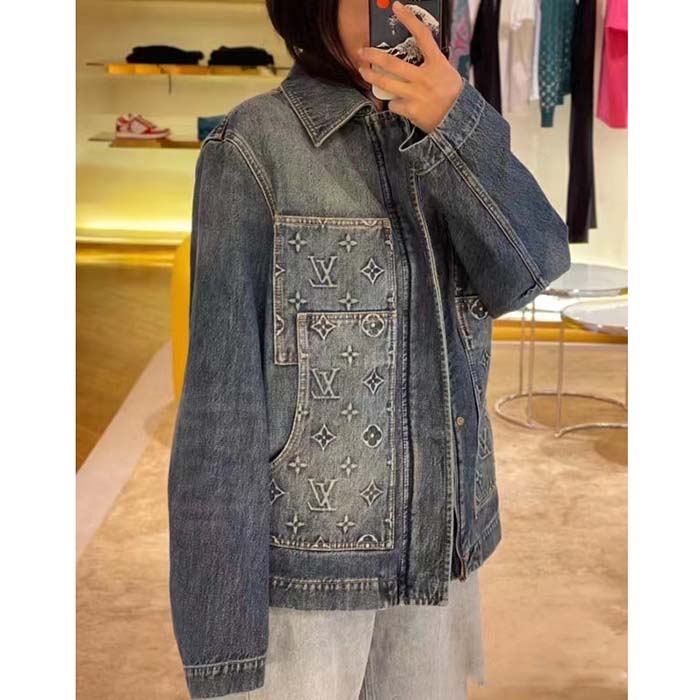 Louis Vuitton Women LV Workwear Denim Jacket Regular Fit Monogram Indigo Cotton 1ABJ7A