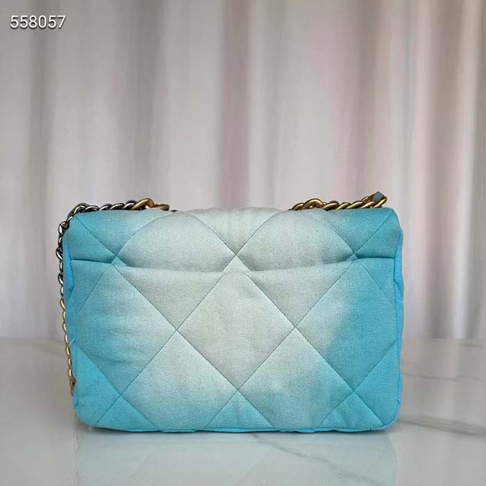 Chanel Women CC 19 Large Handbag Denim Gold Silver Tone Blue