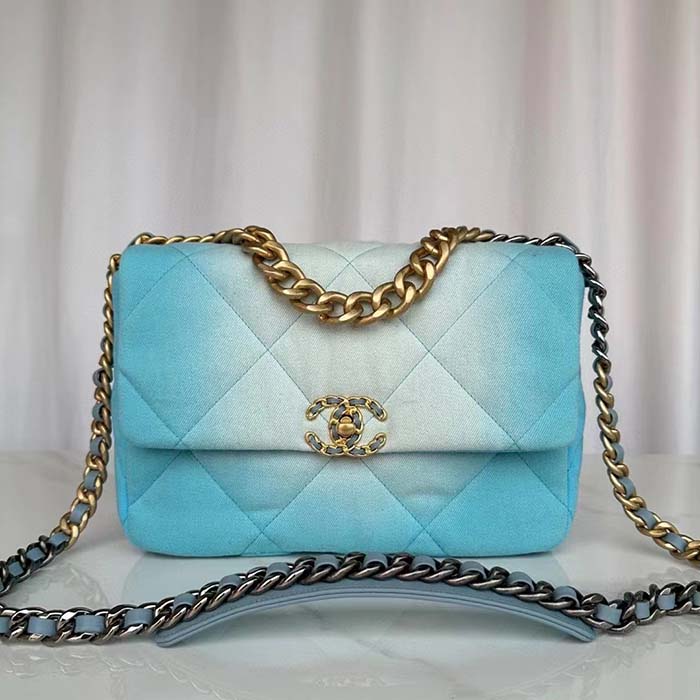 Chanel Women CC 19 Large Handbag Denim Gold Silver Tone Blue