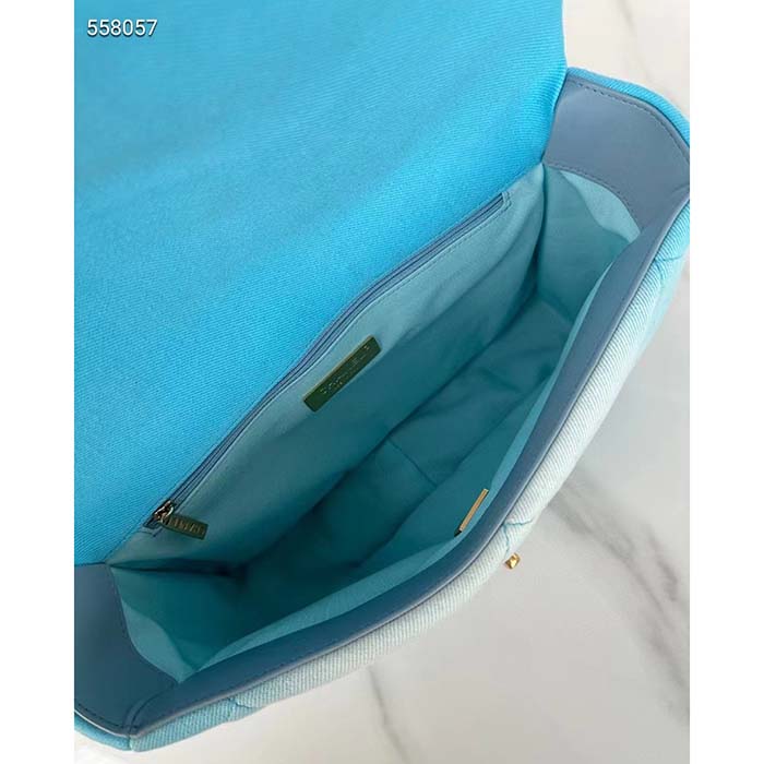 Chanel Women CC 19 Large Handbag Denim Gold Silver Tone Blue