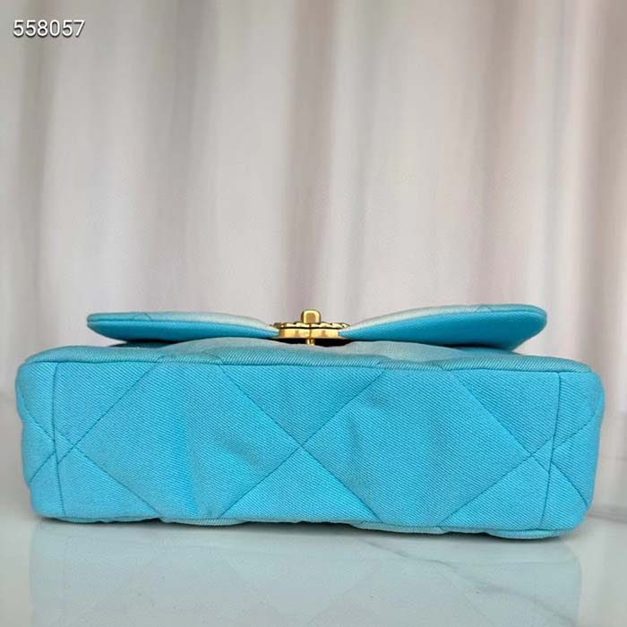 Chanel Women CC 19 Large Handbag Denim Gold Silver Tone Blue