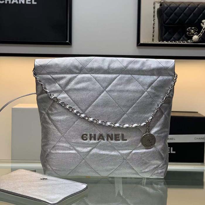 Chanel Women CC 22 Handbag Metallic Shaded Calfskin White Silver