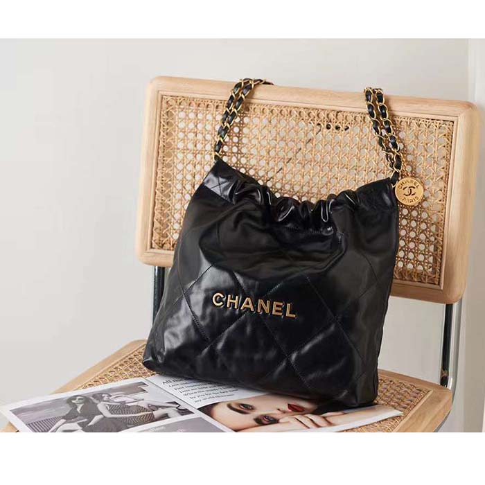 Chanel Women CC 22 Handbag Shiny Calfskin Gold-Tone Metal Black