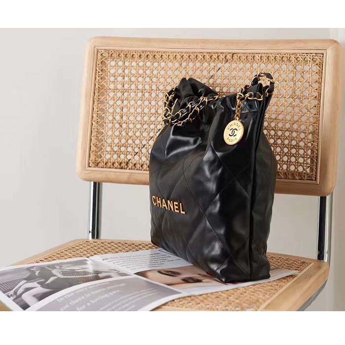 Chanel Women CC 22 Handbag Shiny Calfskin Gold-Tone Metal Black