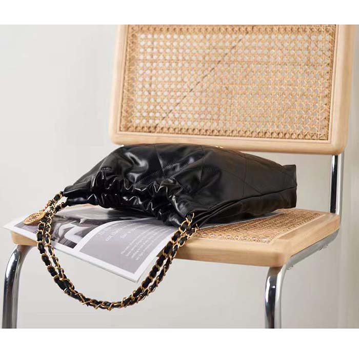 Chanel Women CC 22 Handbag Shiny Calfskin Gold-Tone Metal Black