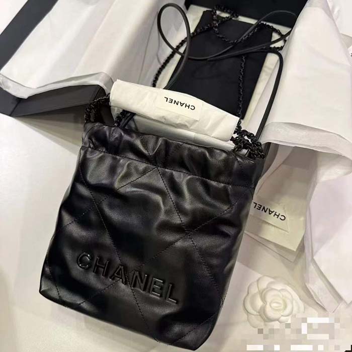 Chanel Women CC 22 Mini Handbag Shiny Calfskin Black Metal Black