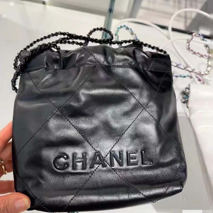 Chanel Women CC 22 Mini Handbag Shiny Calfskin Black Metal Black